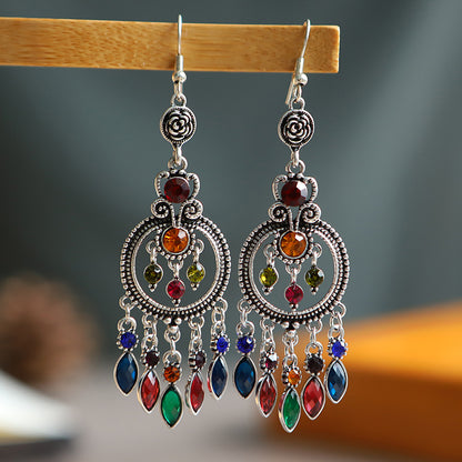 1 Pair Ethnic Style Round Water Droplets Alloy Tassel Rhinestones Women's Chandelier Earrings