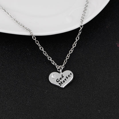 Alloy Heart Rhinestone Drop Oil Letter God Mother Pendant Necklace