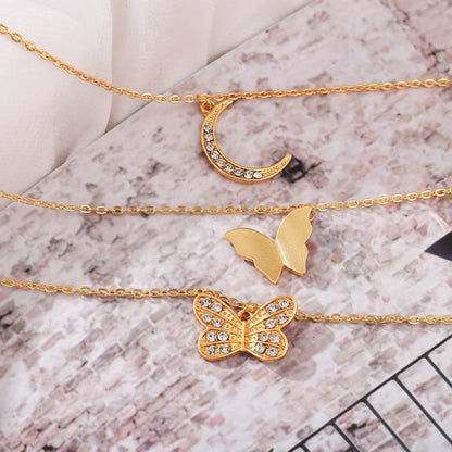 New Inlaid Rhinestone Butterfly  Creative Simple Alloy Three-layer Necklace