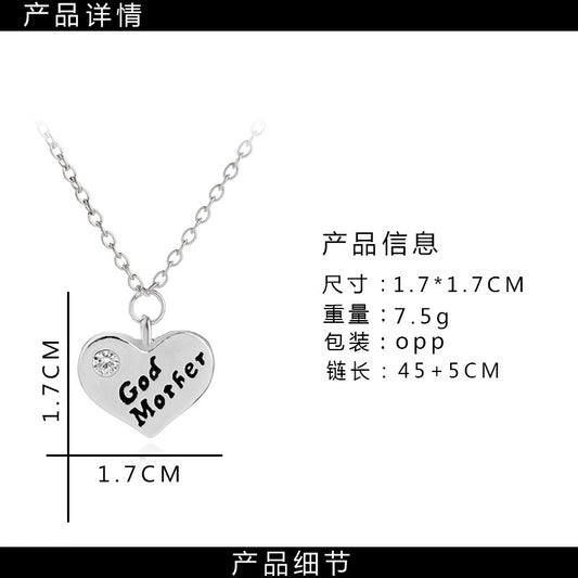 Alloy Heart Rhinestone Drop Oil Letter God Mother Pendant Necklace