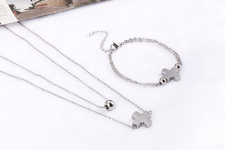 Stainless Steel Cross Double Layer Necklace Bracelet Jewelry Set