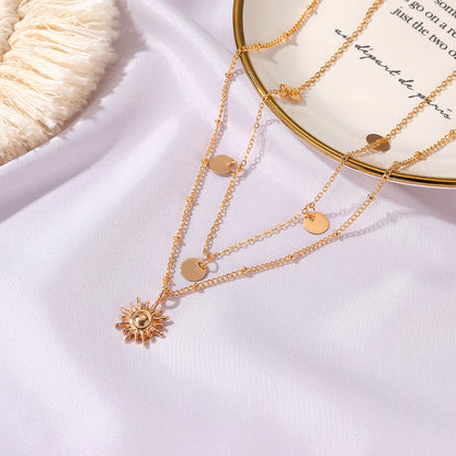 New Double-layer Disc Metal Small Sun Pendant Long Necklace