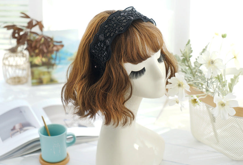 Korean Fashion Mesh Sequins Beaded Broad-brimmed Headband