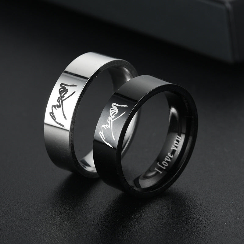 Titanium Steel Retro Love Ilove You Hand In Hand Couple Ring