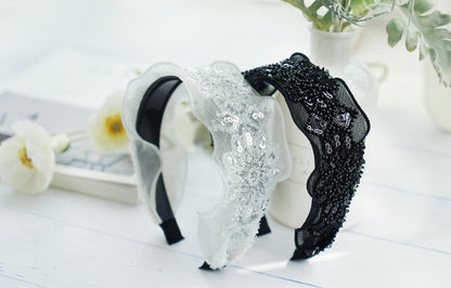 Korean Fashion Mesh Sequins Beaded Broad-brimmed Headband