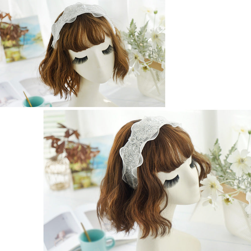 Korean Fashion Mesh Sequins Beaded Broad-brimmed Headband