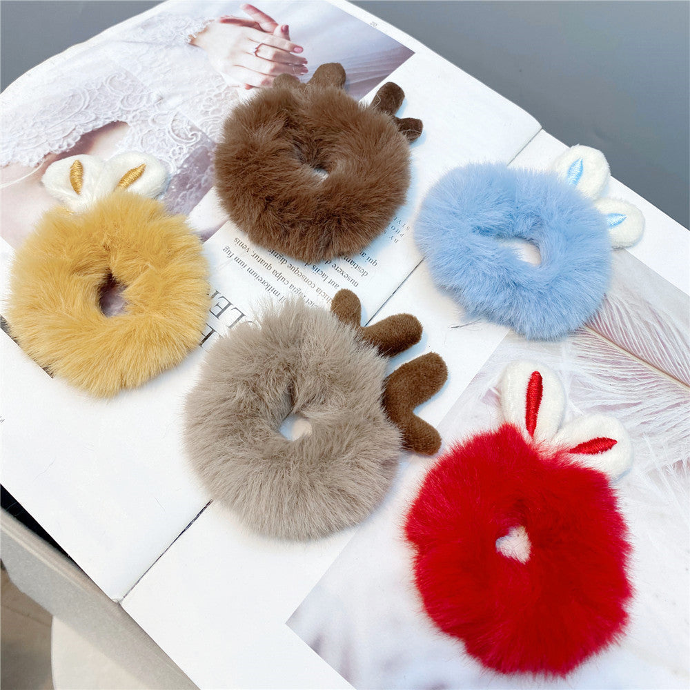 New  Plush Bunny Ear Hair Tie Cute Rabbit Fur Hair Ring