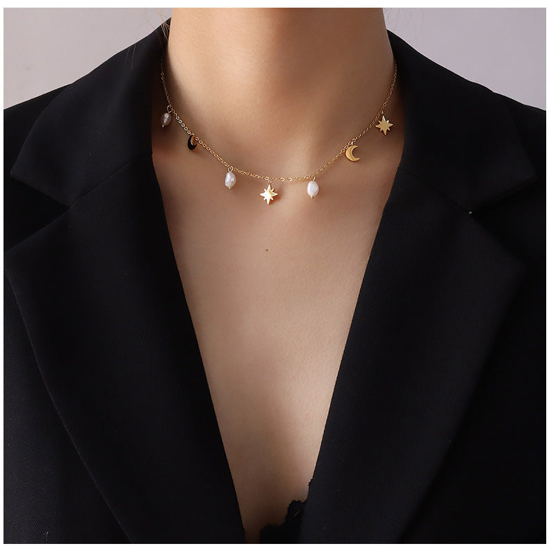 Fashion Star Moon Freshwater Pearl Tassel Clavicle Necklace
