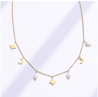 Fashion Star Moon Freshwater Pearl Tassel Clavicle Necklace