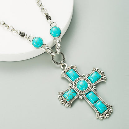 Retro Exaggerated Cross Shape Multi-layer Alloy Inlaid Turquoise Necklace