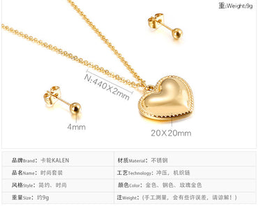 European And American Fashion Heart-shaped Stainless Steel Suit Women's Necklace + Earrings Simple Natural Titanium Steel Women's Collarbone Necklace Set