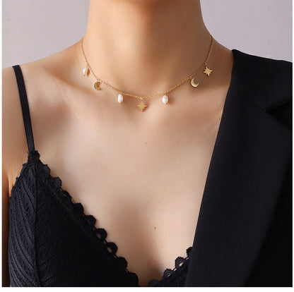 Fashion Star Moon Freshwater Pearl Tassel Clavicle Necklace