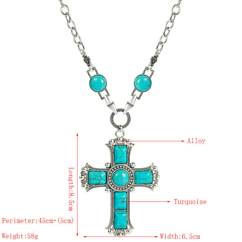 Retro Exaggerated Cross Shape Multi-layer Alloy Inlaid Turquoise Necklace