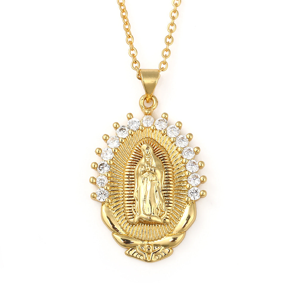 Copper Micro-inlaid Colored Zircon Virgin Mary Pendant Necklace