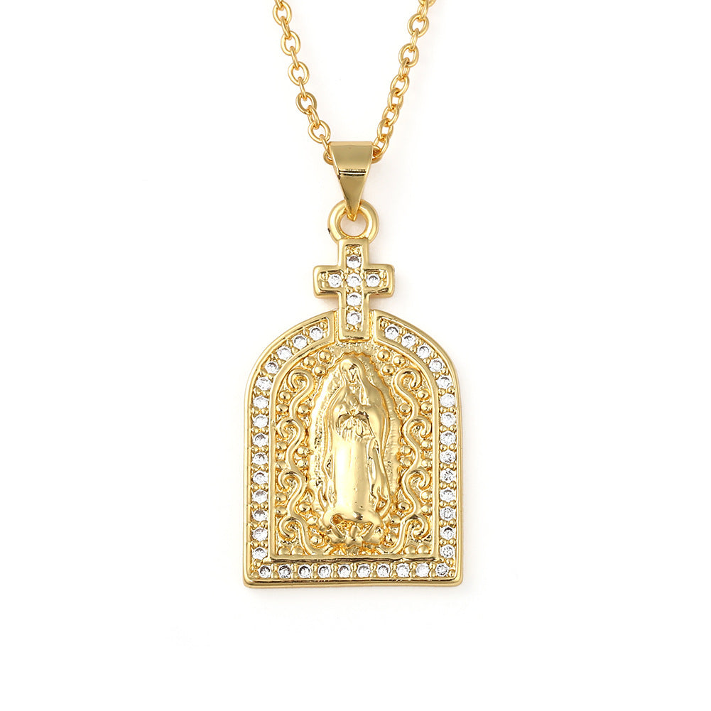 Copper Micro-inlaid Colored Zircon Virgin Mary Pendant Necklace