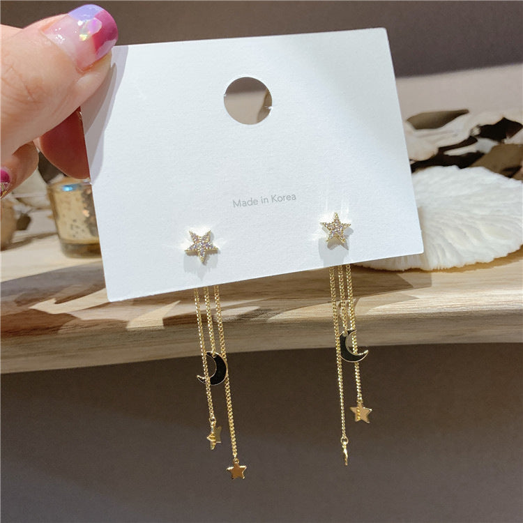 S925 Silver Needle  Star Moon Long Tassel Earrings