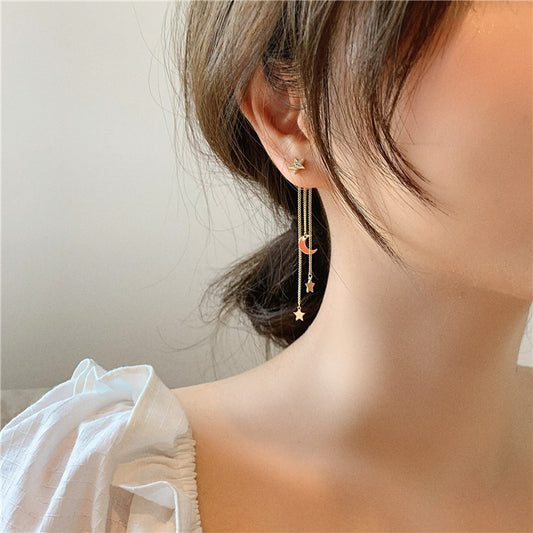 S925 Silver Needle  Star Moon Long Tassel Earrings
