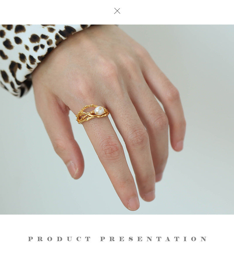 Elegant Geometric Copper Plating Pearl Rings