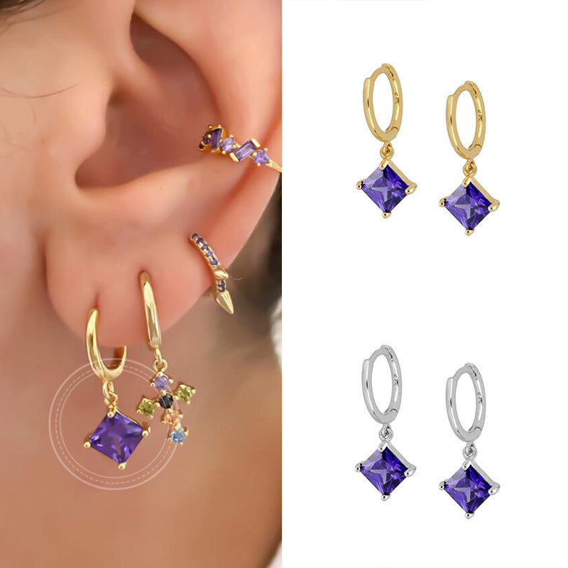 Ins White/purple Square Zircon Pendant Sterling Silver Needle Hoop Earrings For Women Europe And America Cross Border Round Studs