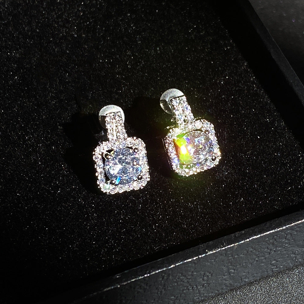 Simple Square Full Of Zircon Platinum Plated Copper Stud Earrings Jewelry