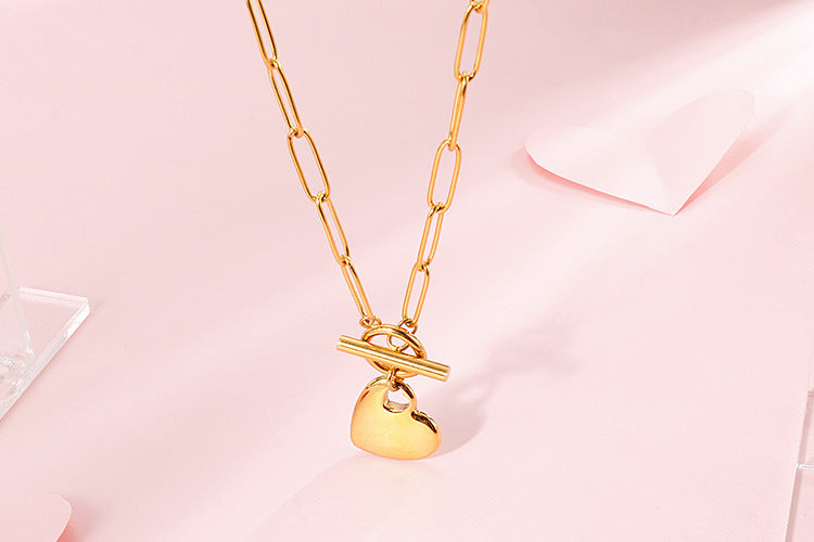 European And American New Normcore Ins Fashion Design Peach Heart Titanium Steel Women's Square Line Bracelet And Necklace Set Wholesale