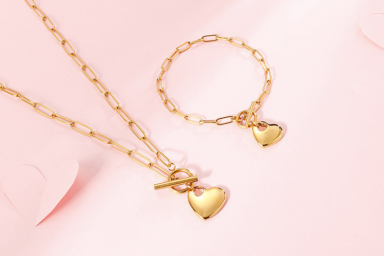 European And American New Normcore Ins Fashion Design Peach Heart Titanium Steel Women's Square Line Bracelet And Necklace Set Wholesale