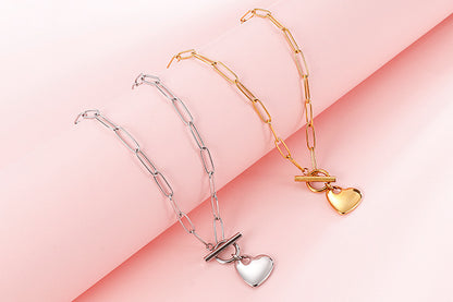 European And American New Normcore Ins Fashion Design Peach Heart Titanium Steel Women's Square Line Bracelet And Necklace Set Wholesale