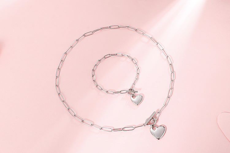 European And American New Normcore Ins Fashion Design Peach Heart Titanium Steel Women's Square Line Bracelet And Necklace Set Wholesale