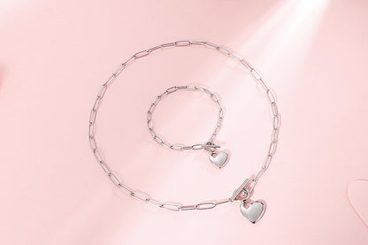 European And American New Normcore Ins Fashion Design Peach Heart Titanium Steel Women's Square Line Bracelet And Necklace Set Wholesale