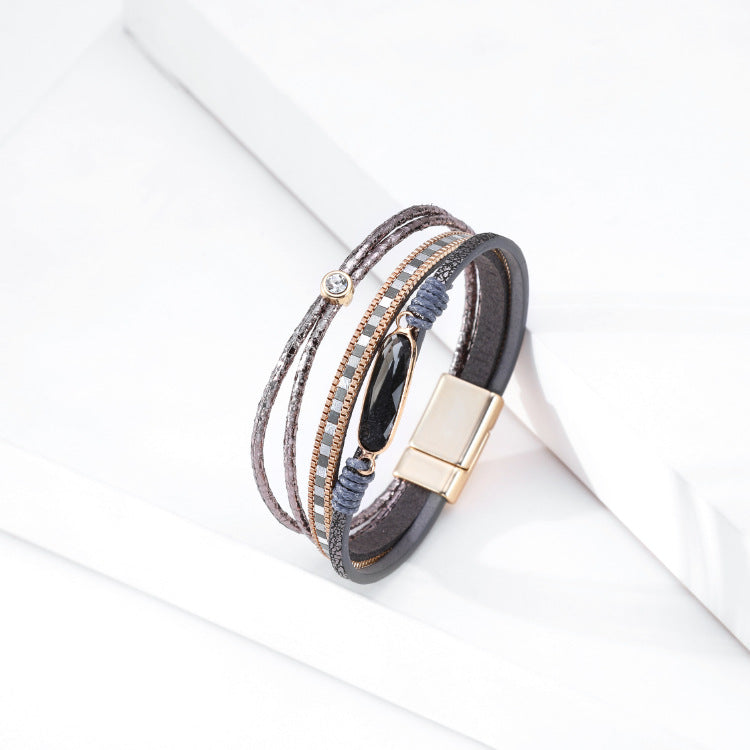 Bohemian Fashion Crystal Magnetic Buckle Leather Bracelet