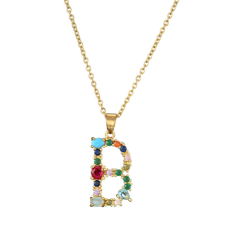 26 English Letter Necklace  New Mixed Colored Gem Inlaid Clavicle Chain Female Color Retention Electroplating Best Seller In Europe And America