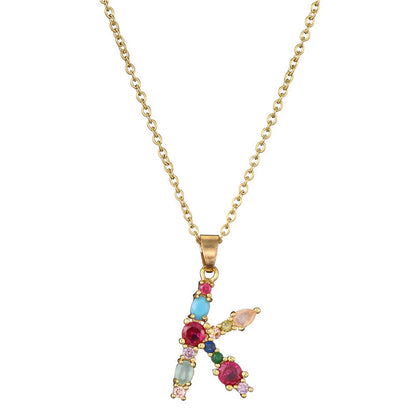 26 English Letter Necklace  New Mixed Colored Gem Inlaid Clavicle Chain Female Color Retention Electroplating Best Seller In Europe And America