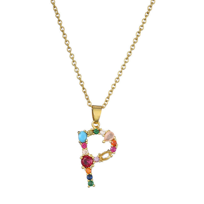 26 English Letter Necklace  New Mixed Colored Gem Inlaid Clavicle Chain Female Color Retention Electroplating Best Seller In Europe And America