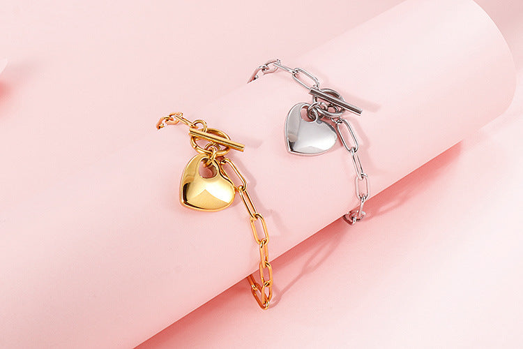 European And American New Normcore Ins Fashion Design Peach Heart Titanium Steel Women's Square Line Bracelet And Necklace Set Wholesale