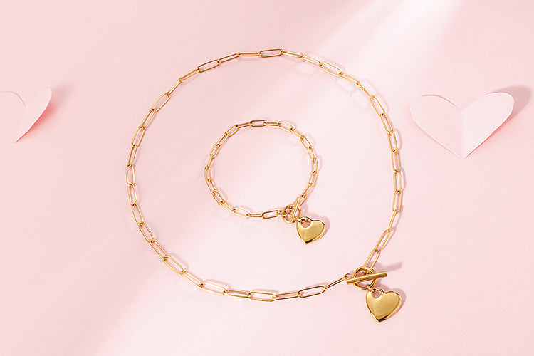 European And American New Normcore Ins Fashion Design Peach Heart Titanium Steel Women's Square Line Bracelet And Necklace Set Wholesale