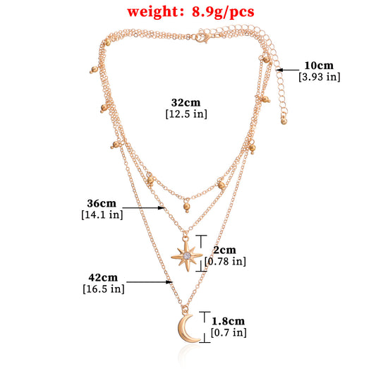 Fashion Star Moon Alloy Layered Inlay Rhinestone Necklace