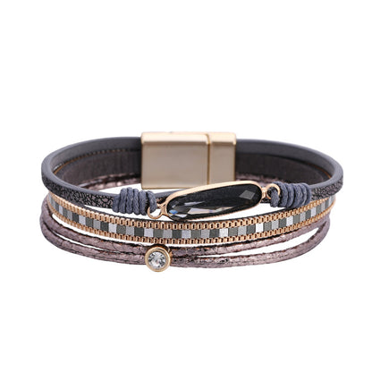 Bohemian Fashion Crystal Magnetic Buckle Leather Bracelet