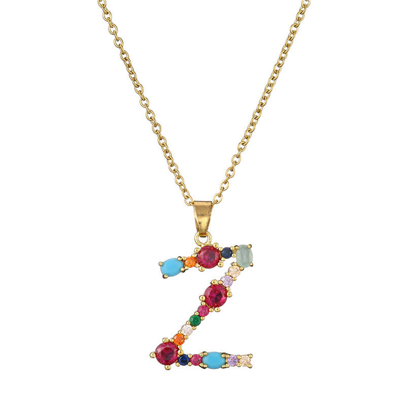 26 English Letter Necklace  New Mixed Colored Gem Inlaid Clavicle Chain Female Color Retention Electroplating Best Seller In Europe And America