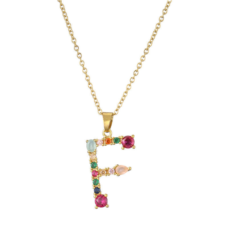 26 English Letter Necklace  New Mixed Colored Gem Inlaid Clavicle Chain Female Color Retention Electroplating Best Seller In Europe And America