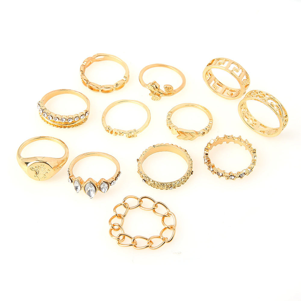 Retro Rose Flower Diamond Eye Geometric 12-piece Set Ring