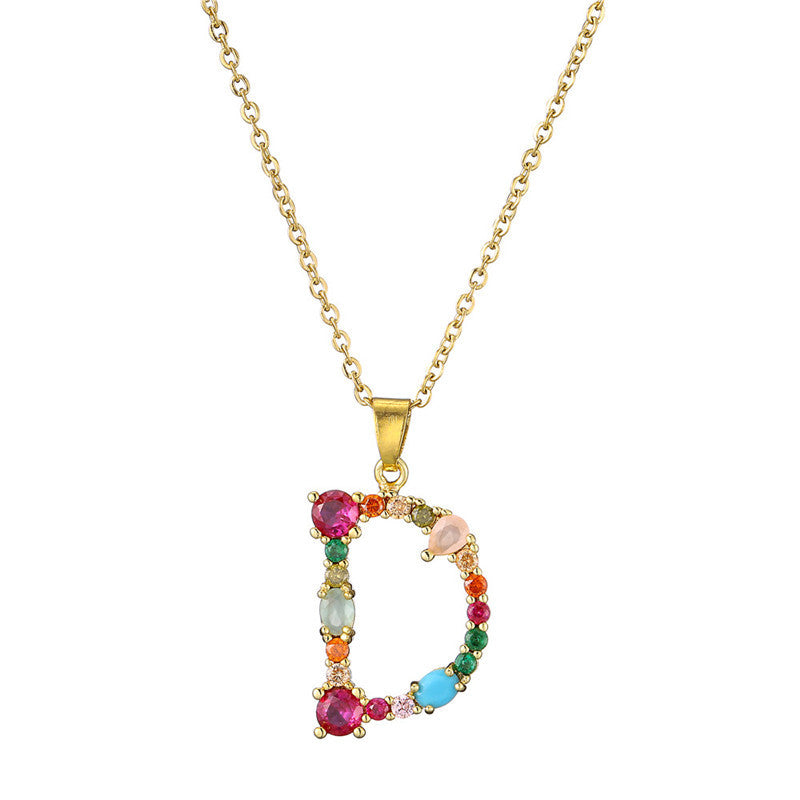 26 English Letter Necklace  New Mixed Colored Gem Inlaid Clavicle Chain Female Color Retention Electroplating Best Seller In Europe And America