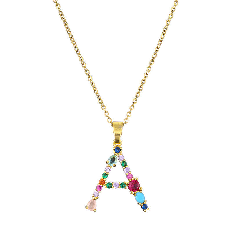 26 English Letter Necklace  New Mixed Colored Gem Inlaid Clavicle Chain Female Color Retention Electroplating Best Seller In Europe And America