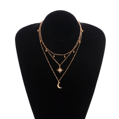 Fashion Star Moon Alloy Layered Inlay Rhinestone Necklace