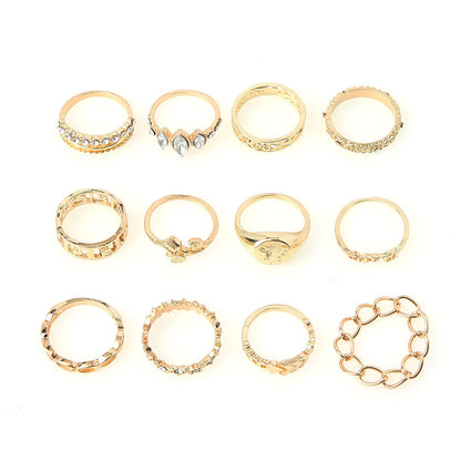 Retro Rose Flower Diamond Eye Geometric 12-piece Set Ring