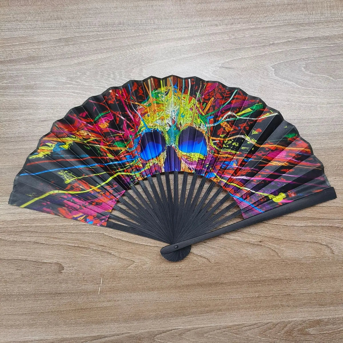 23cm Black Straight Bone National Style Satin Fan Rainbow Series Abstract Painting Style Folding Fan Classic Ancient Style Small Folding Fan