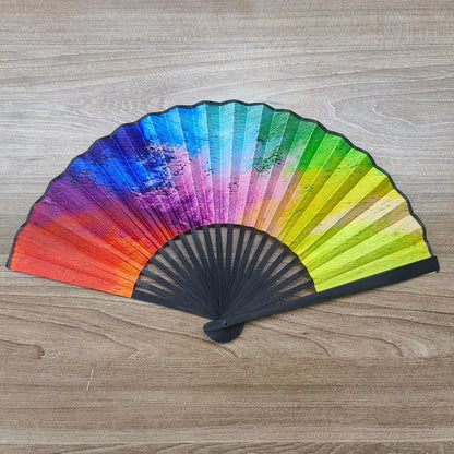 23cm Black Straight Bone National Style Satin Fan Rainbow Series Abstract Painting Style Folding Fan Classic Ancient Style Small Folding Fan