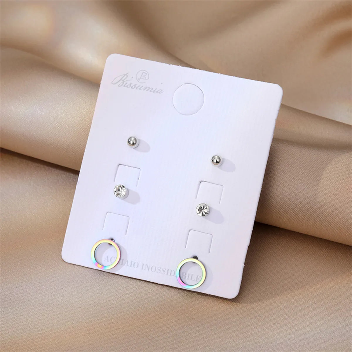 3 Pairs Basic Circle Stainless Steel Inlay Zircon Ear Studs