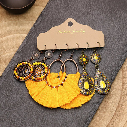 3 Pairs Bohemian Geometric Alloy Tassel Women's Earrings