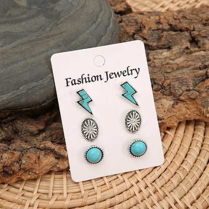 3 Pairs Bohemian Round Flower Lightning Plating Alloy Turquoise Ear Studs