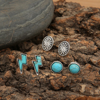 3 Pairs Bohemian Round Flower Lightning Plating Alloy Turquoise Ear Studs